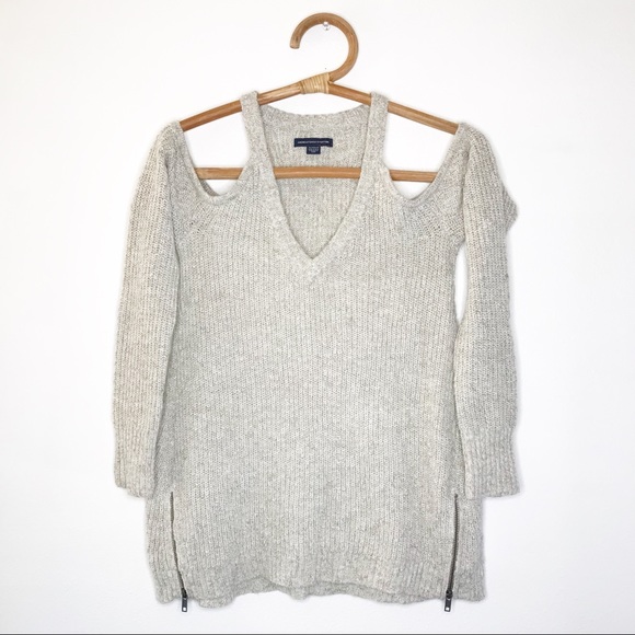 AE Women's Gray Cold Shoulder Zipper Sweater XS - Picture 2 of 8